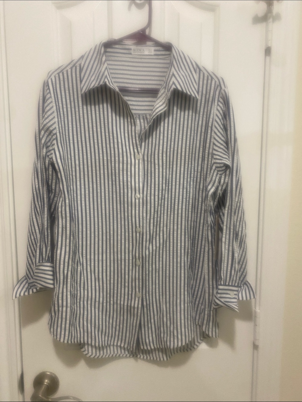 Blenca Navy Blue and White Seersucker Top, Size M NWT